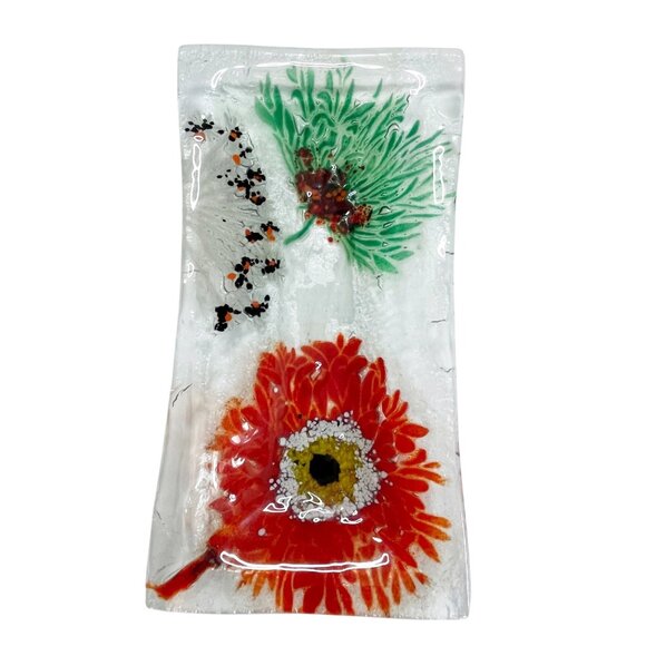 Rectangular Fused Floral Art Glass Dish Tray Flower Design 13x7 - Picture 3 of 7